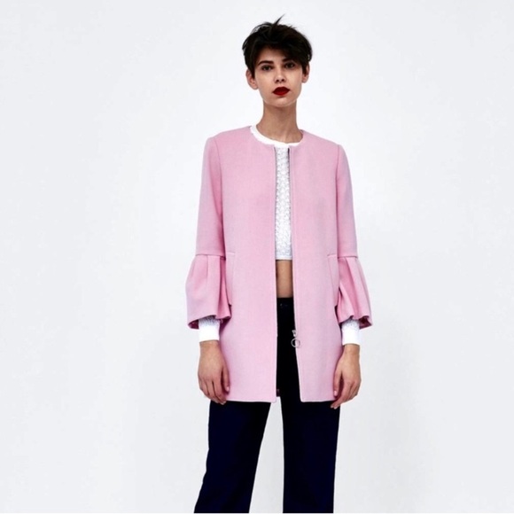 Zara womens size XL pink zip jacket coat ruffle cuff sleeve chic pockets - Picture 1 of 12